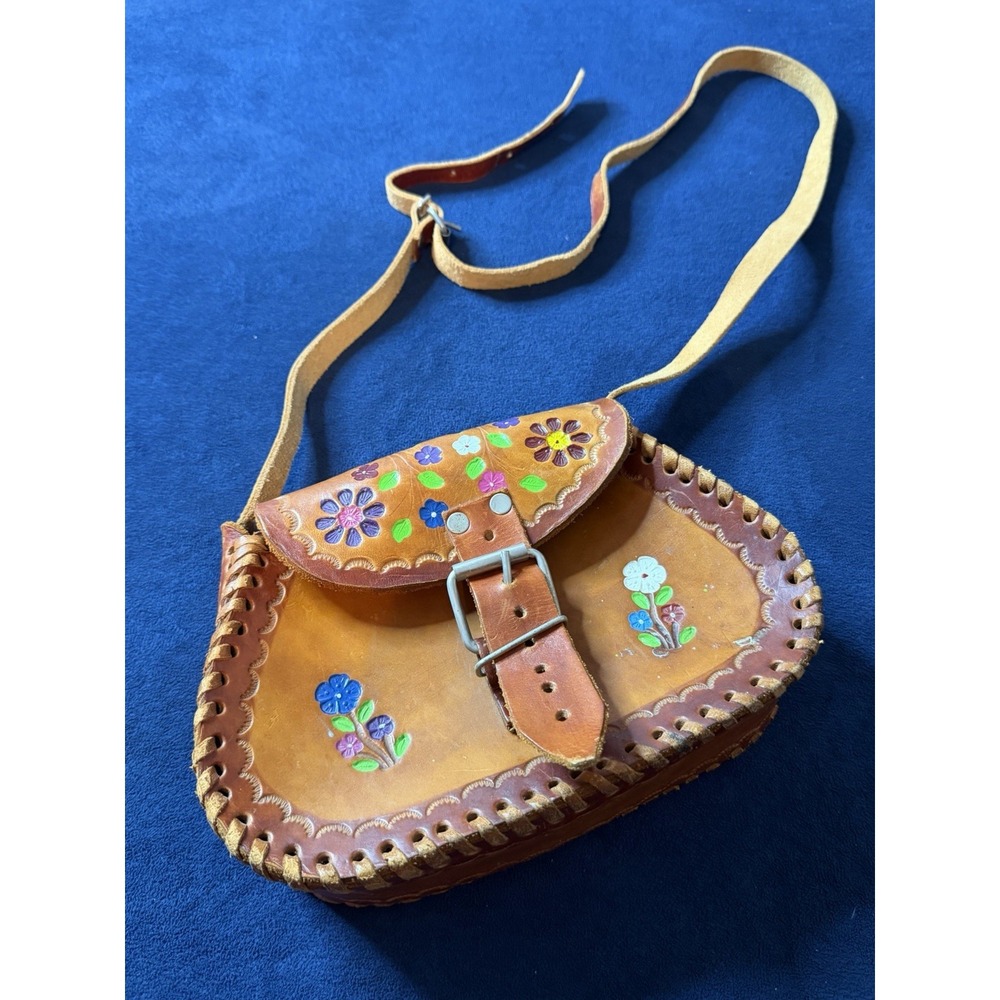 Vtg Mexican Crossbody Handmade Floral Leather Bag Top Grain & Dyed Mex Folk Art